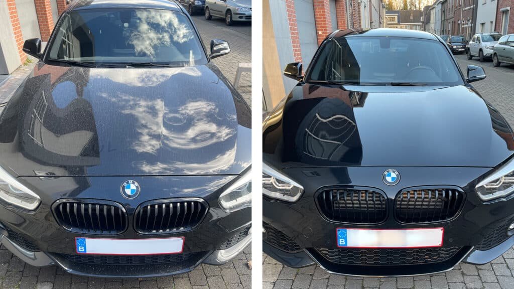 Vergelijking van een gecoate en ongecoate lak na contact met vogelpoep, links doffe etching, rechts onbeschadigde coating