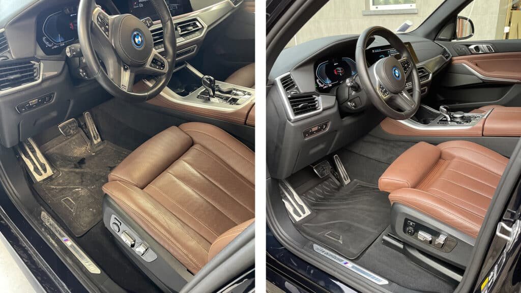 Voor-en-na vergelijking van een auto-interieur: links vuile bekleding met vlekken, rechts schone fris gereinigde zetels