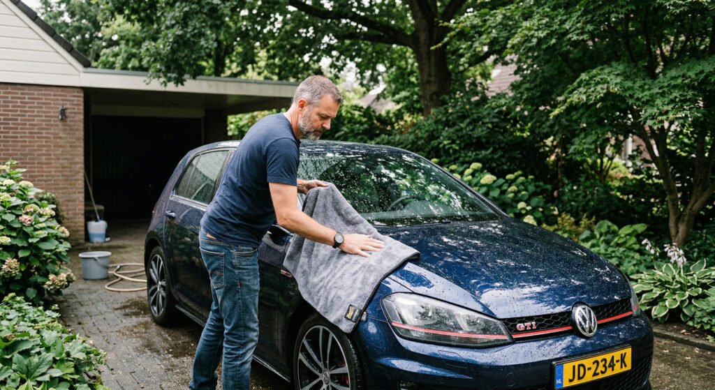 Auto die gedroogd wordt met een grote microvezel droogdoek in de schaduw