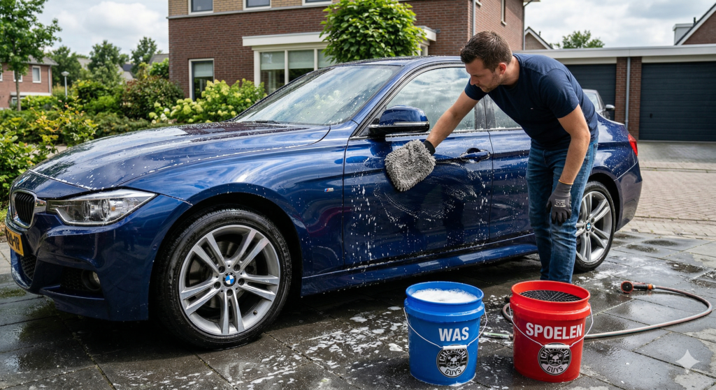 Auto die gewassen wordt met een microvezel washandschoen en de twee-emmer methode