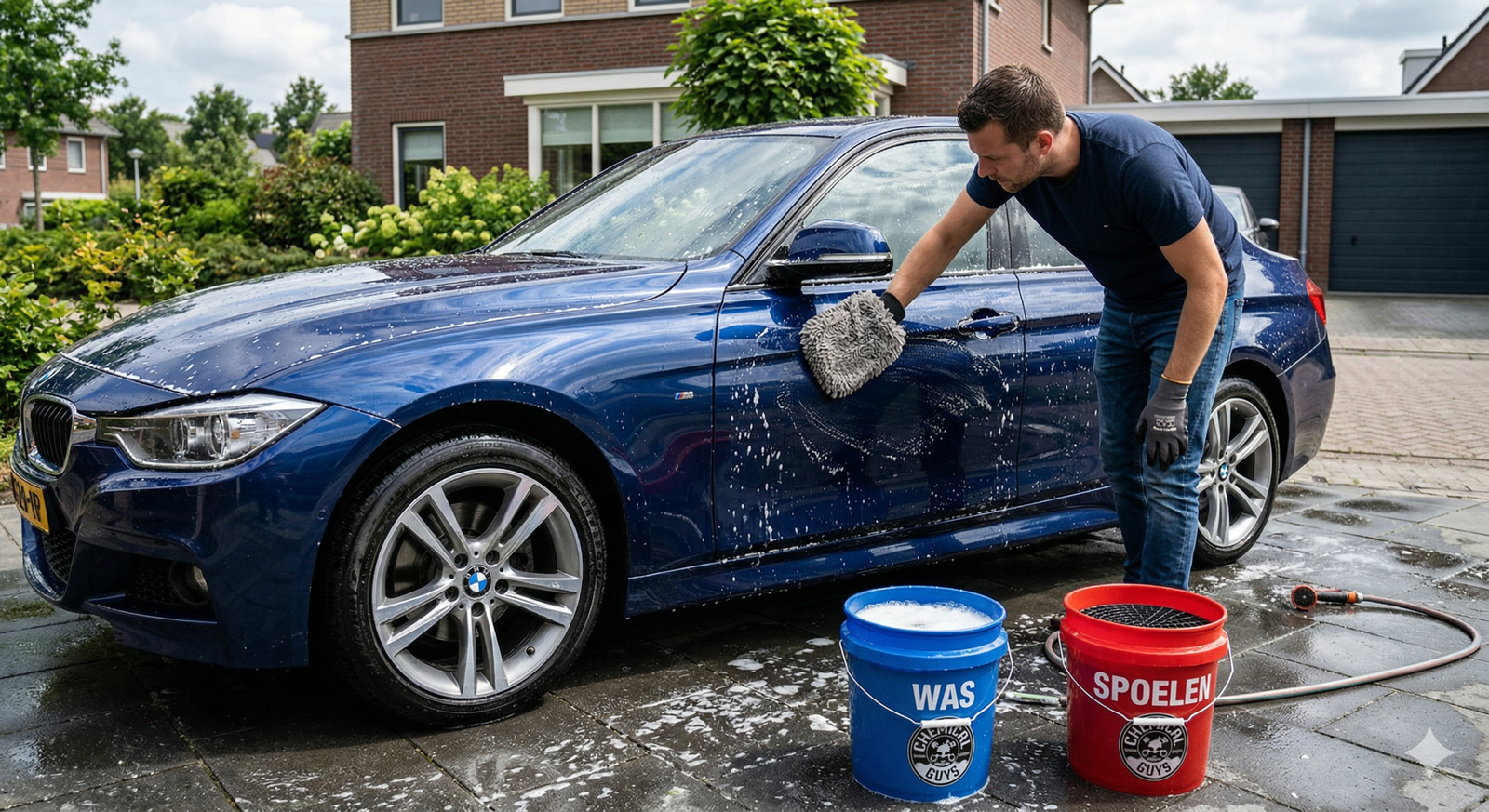 Auto die gewassen wordt met een microvezel washandschoen en de twee-emmer methode
