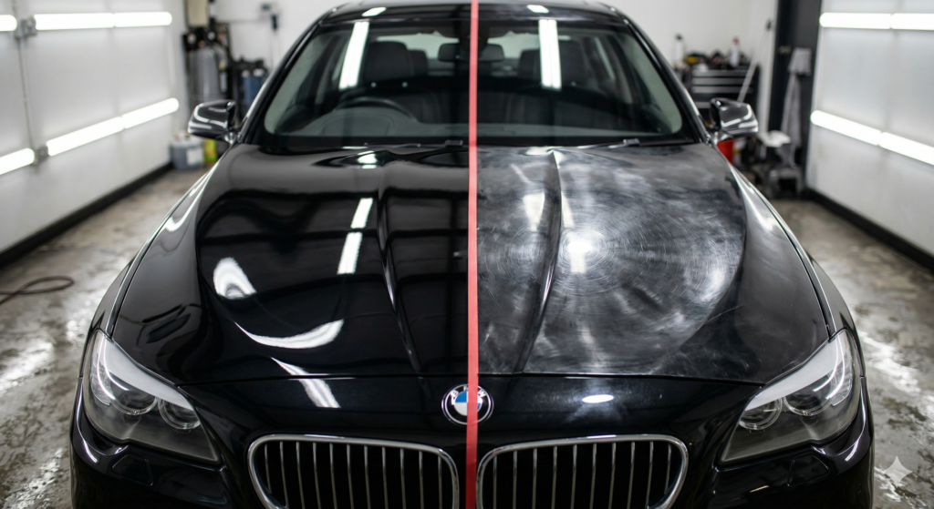 Vergelijking van een gepolitoerde helft en een door wasstraat beschadigde helft van een motorkap