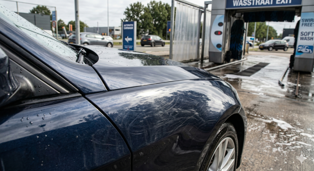 Waskrassen en swirls zichtbaar op een donkere autolak na een automatische carwash