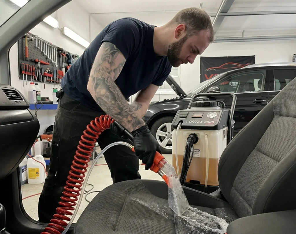 Detailer die een stoffen autozetel reinigt met een professionele water-extractiemachine