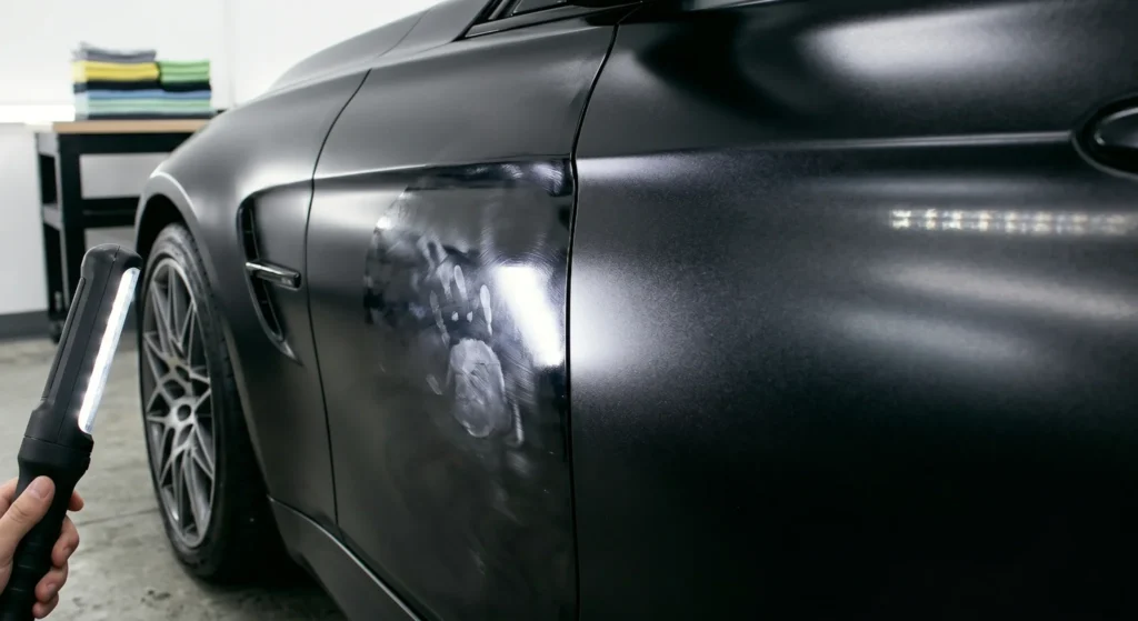 Close-up van de matte Frozen textuur op een BMW naast een glanzende vlek veroorzaakt door verkeerd onderhoud