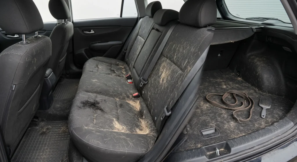 Auto-interieur met hardnekkig hondenhaar in de stoffen bekleding en kofferbak