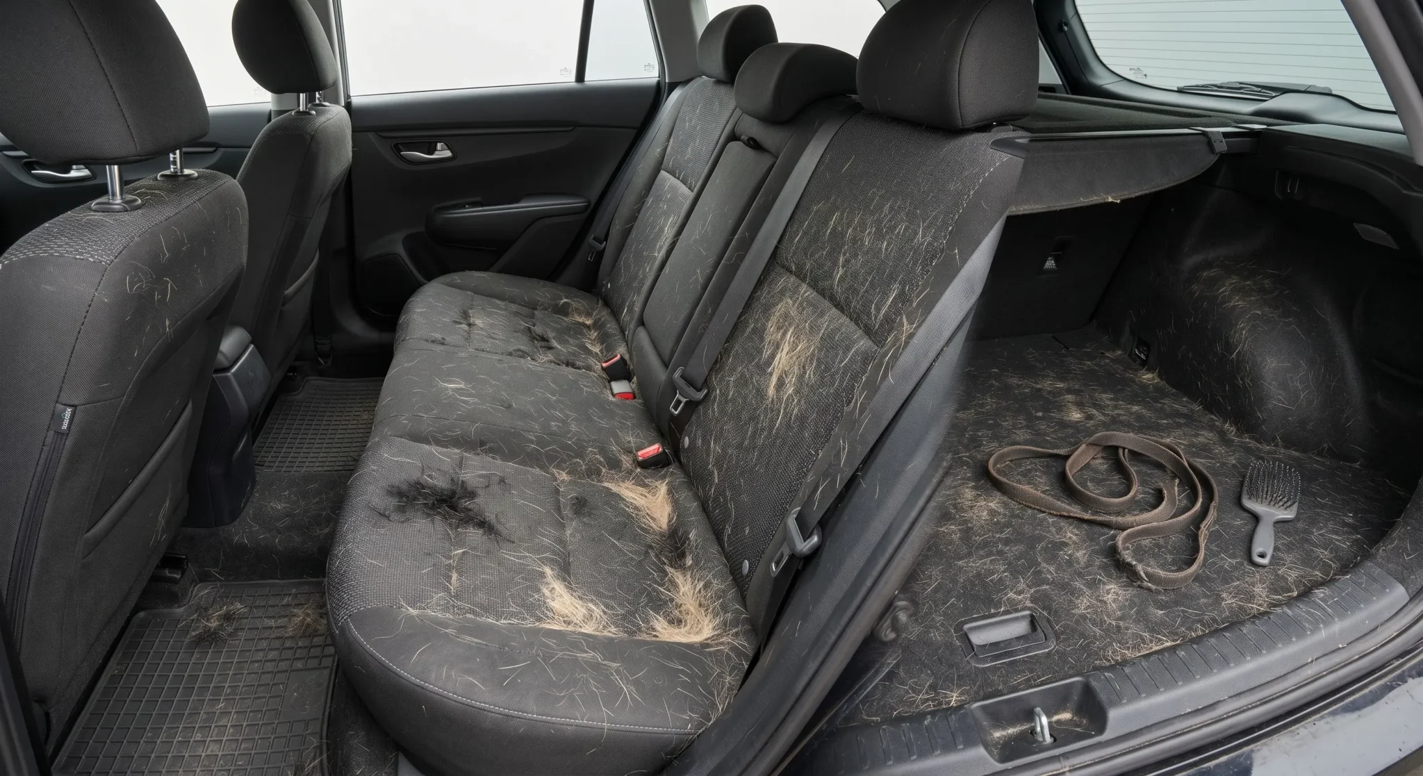 Auto-interieur met hardnekkig hondenhaar in de stoffen bekleding en kofferbak