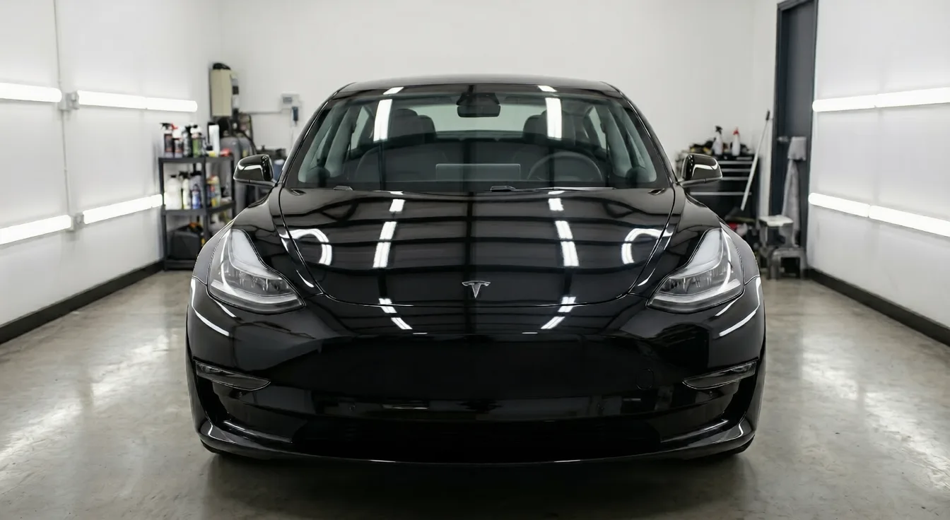 Tesla Model 3 in onze stofvrije detailing studio met gespecialiseerde keramische coating behandeling