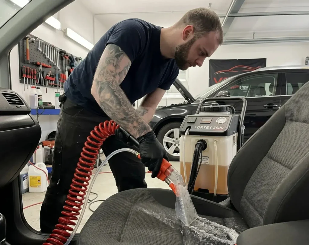 Professionele extractiemachine die hondenhaar en geurresten uit een stoffen autozetel verwijdert