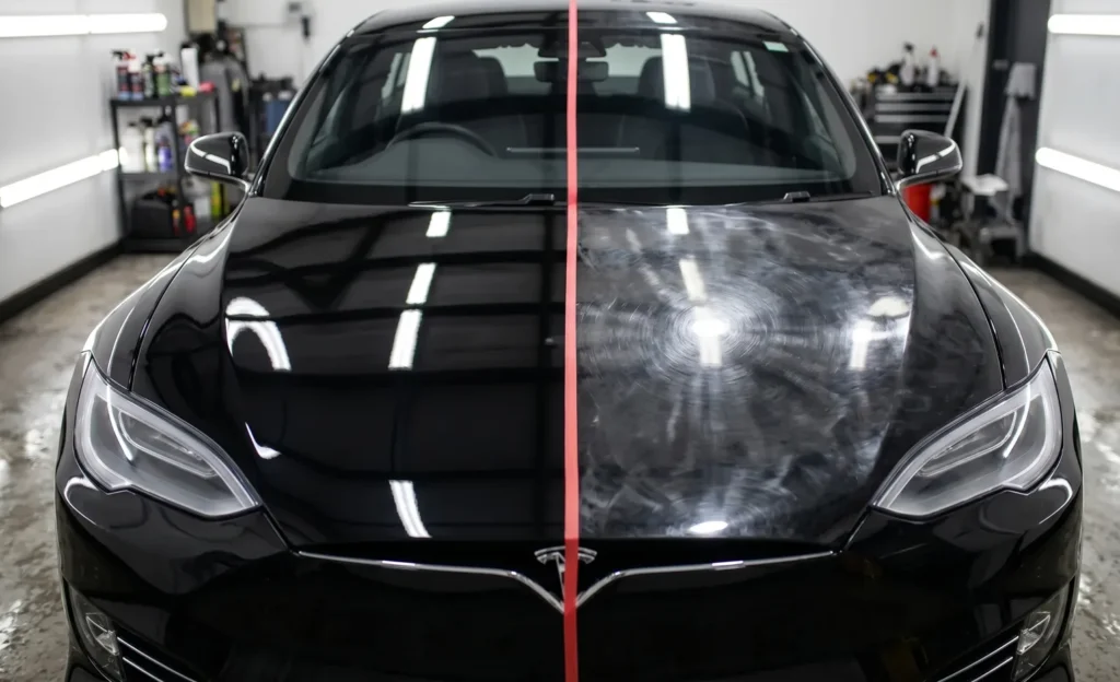 Voor-en-na vergelijking van Tesla lak met swirls links en spiegelgladde gepolijste afwerking met keramische coating rechts
